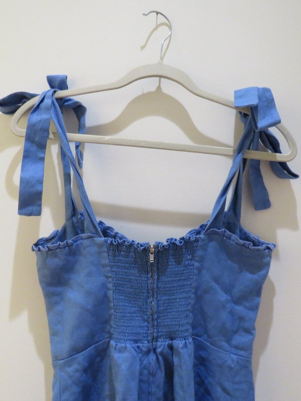 REFORMATION Desiree Linen Mini Dress Dusk Blue US 6 Coquette Smocked - Picture 10 of 13